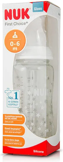 Nuk Γυάλινο Μπιμπερό First Choice Plus Κατά των Κολικών με Θηλή Σιλικόνης για 0-6 μηνών Λευκό Αστεράκια - Λευκό 240ml
